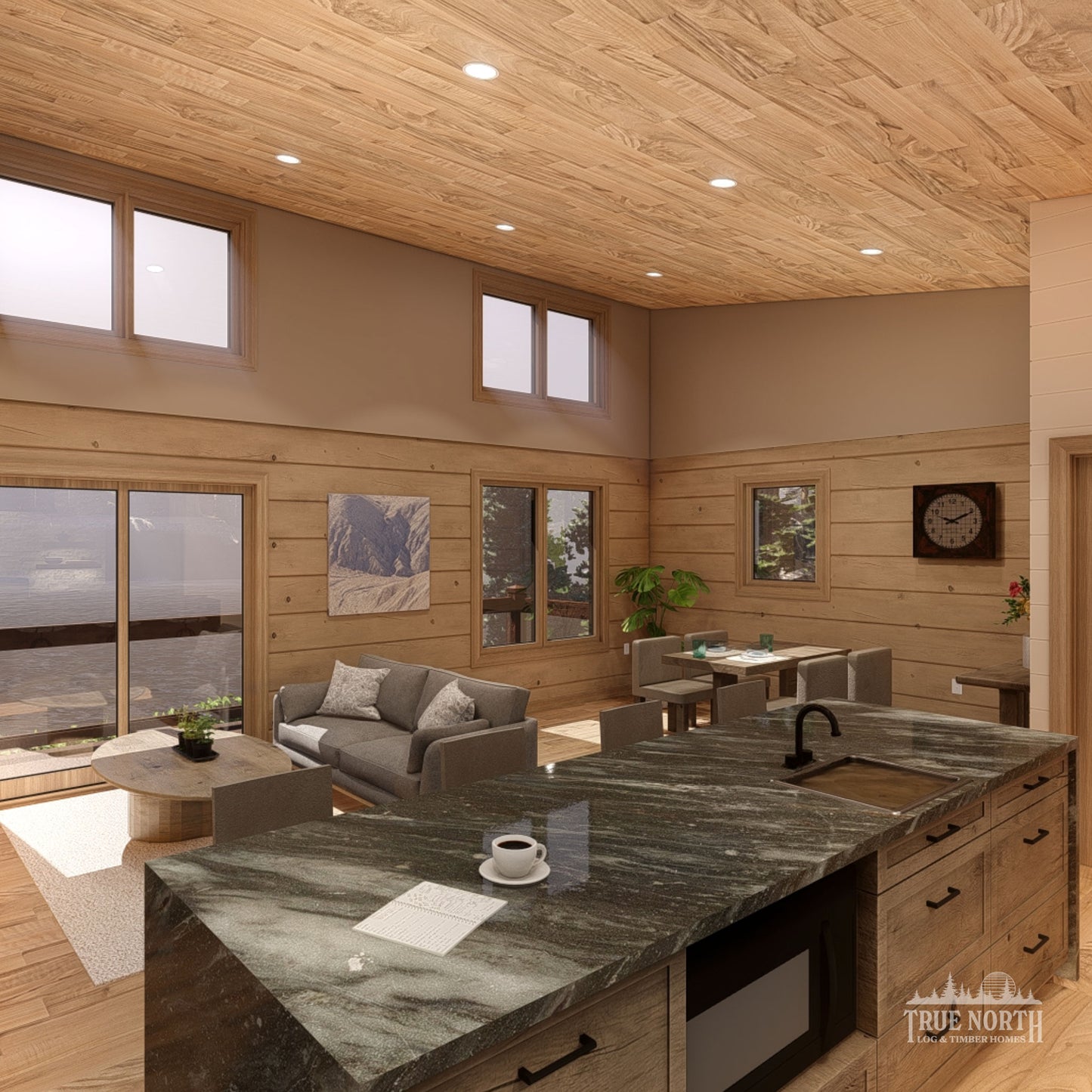 Ashburn Large contemporary Canadian log cabin designed for single-storey living - Kitchen Lounge Diner facing lake