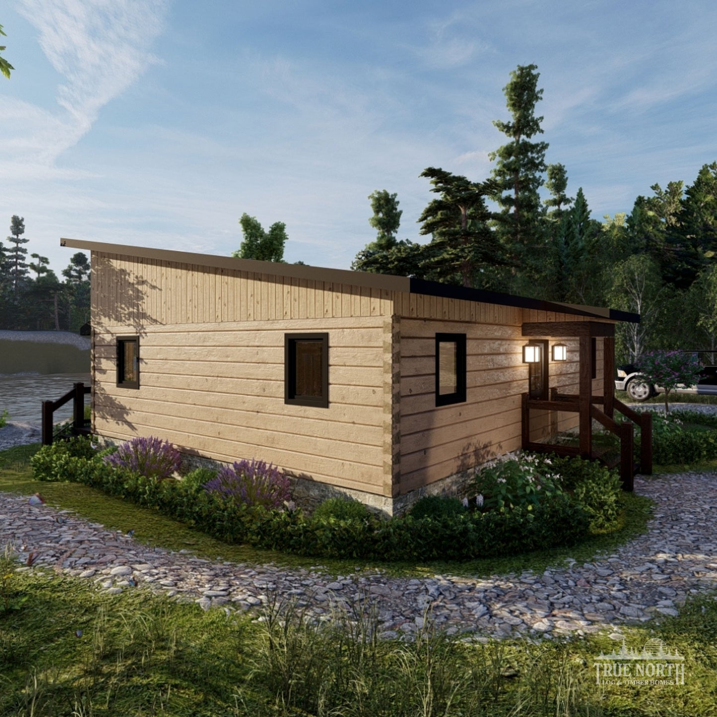Ashburn Large contemporary Canadian log cabin designed for single-storey living - Rear Entrance facing lake