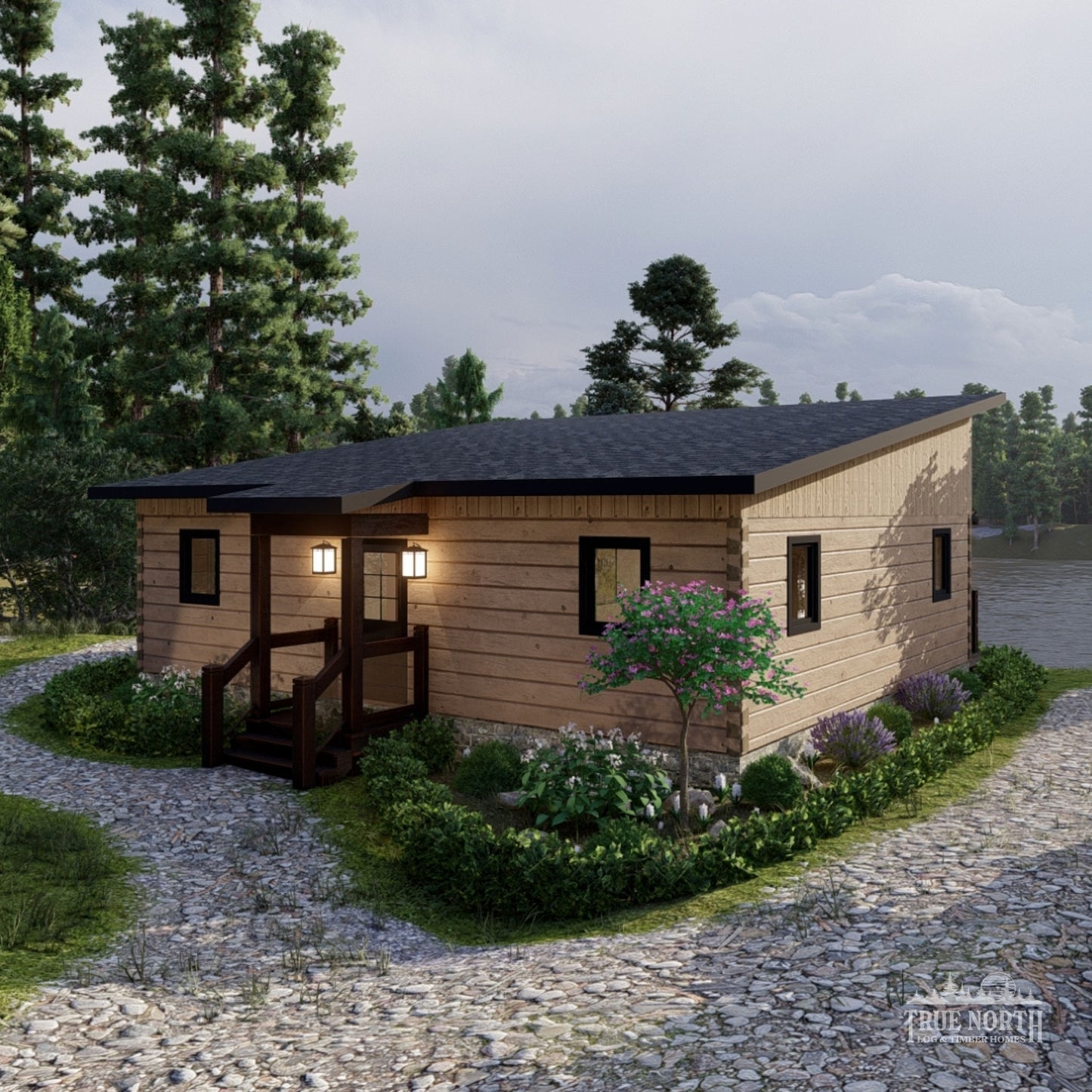 Ashburn Large contemporary Canadian log cabin designed for single-storey living - Rear Entrance Facing Lake