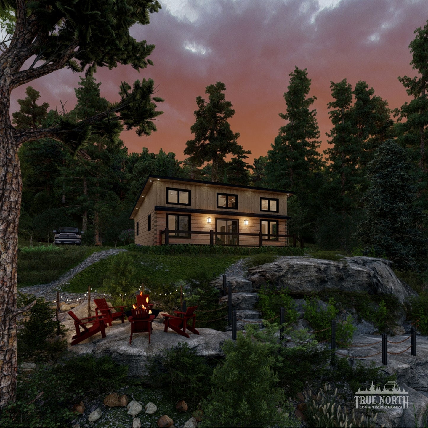 Ashburn Large contemporary Canadian log cabin designed for single-storey living - Dusk cabin in the woods