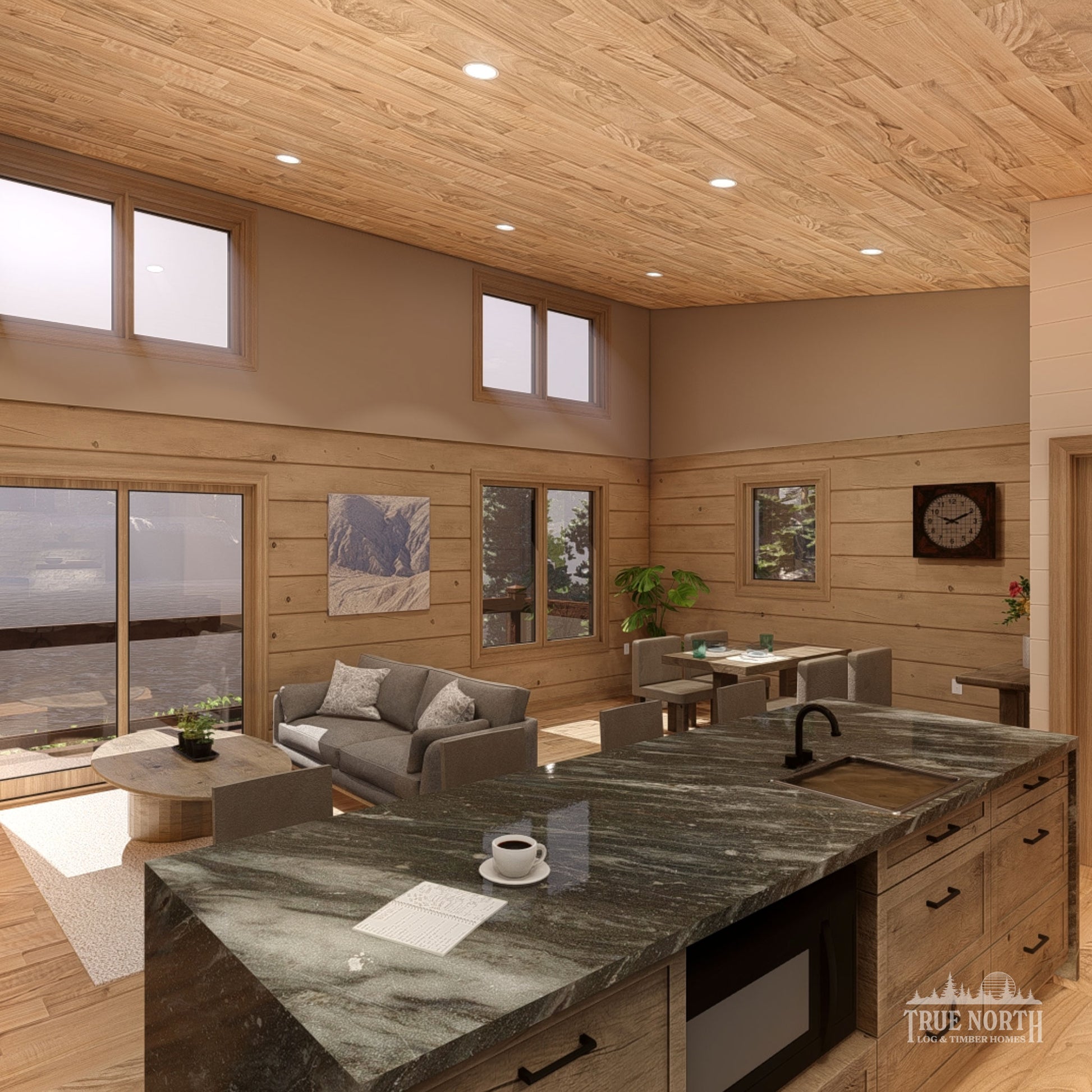 Ashburn Large contemporary Canadian log cabin designed for single-storey living - Kitchen Lounge Diner facing lake