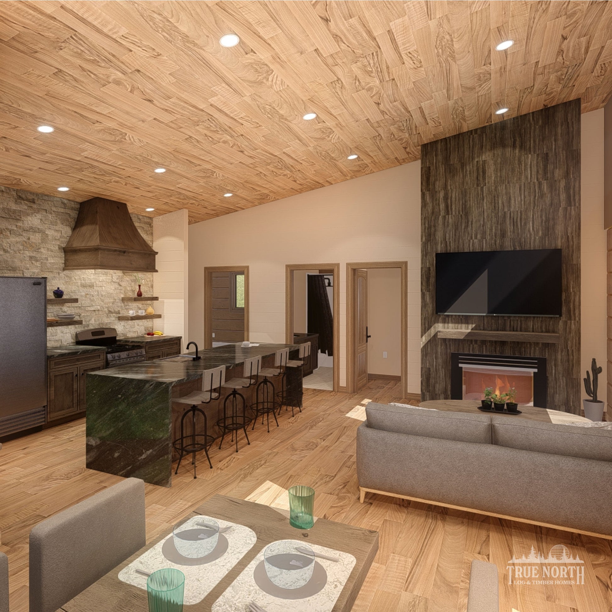 Ashburn Large contemporary Canadian log cabin designed for single-storey living - Open Plan lounge kitchen diner