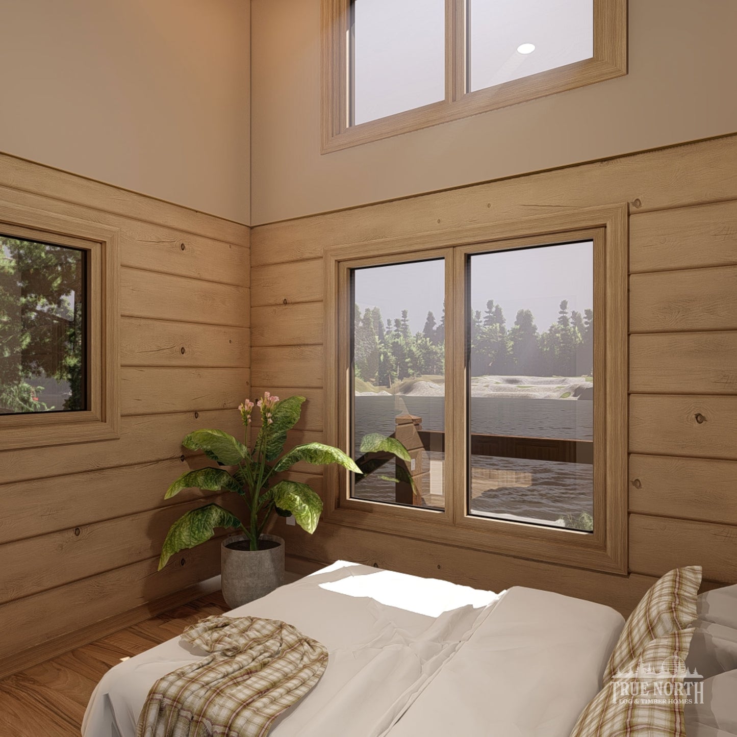 Ashburn Large contemporary Canadian log cabin designed for single-storey living - Double Bedroom with vaulted ceiling