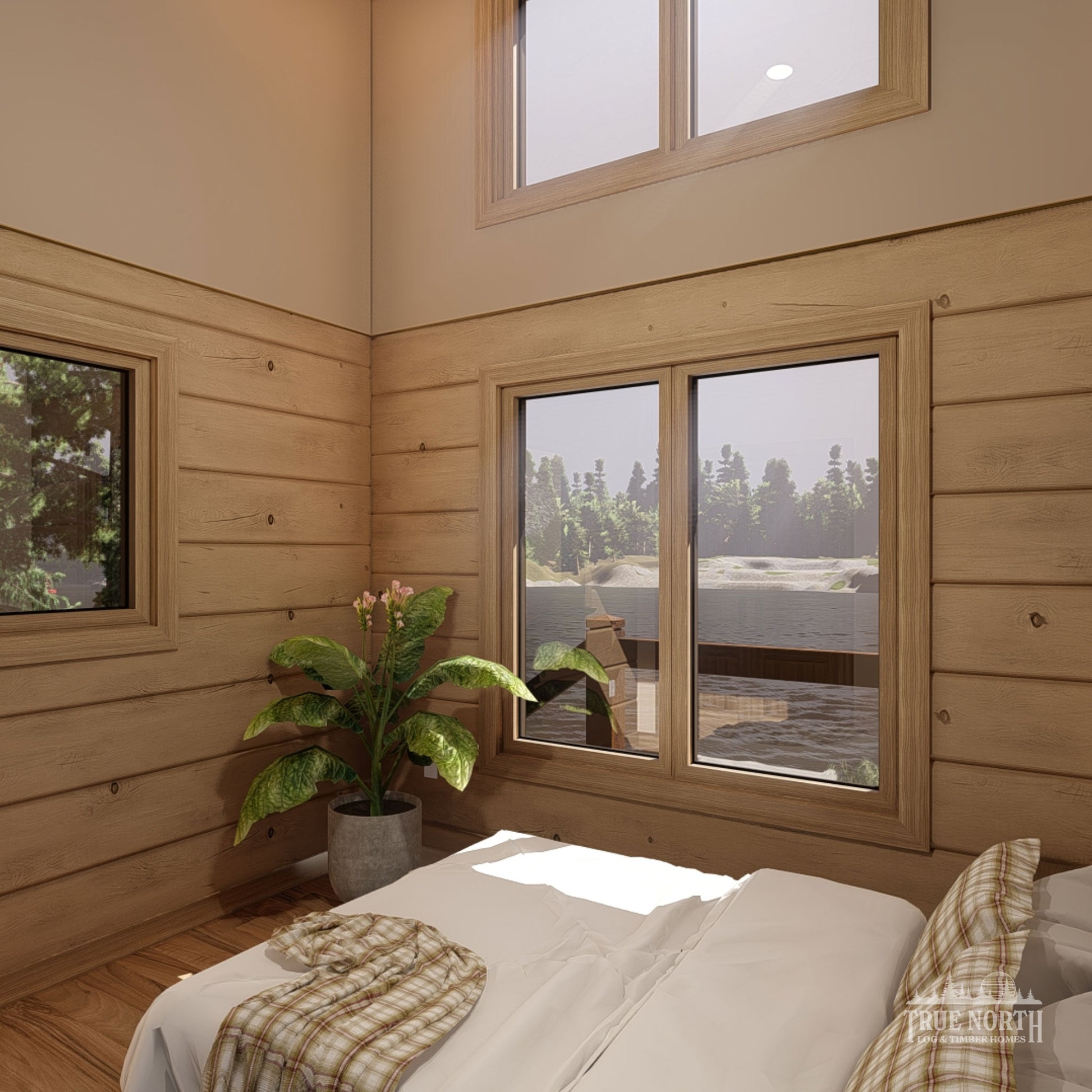Ashburn Large contemporary Canadian log cabin designed for single-storey living - Double Bedroom with vaulted ceiling