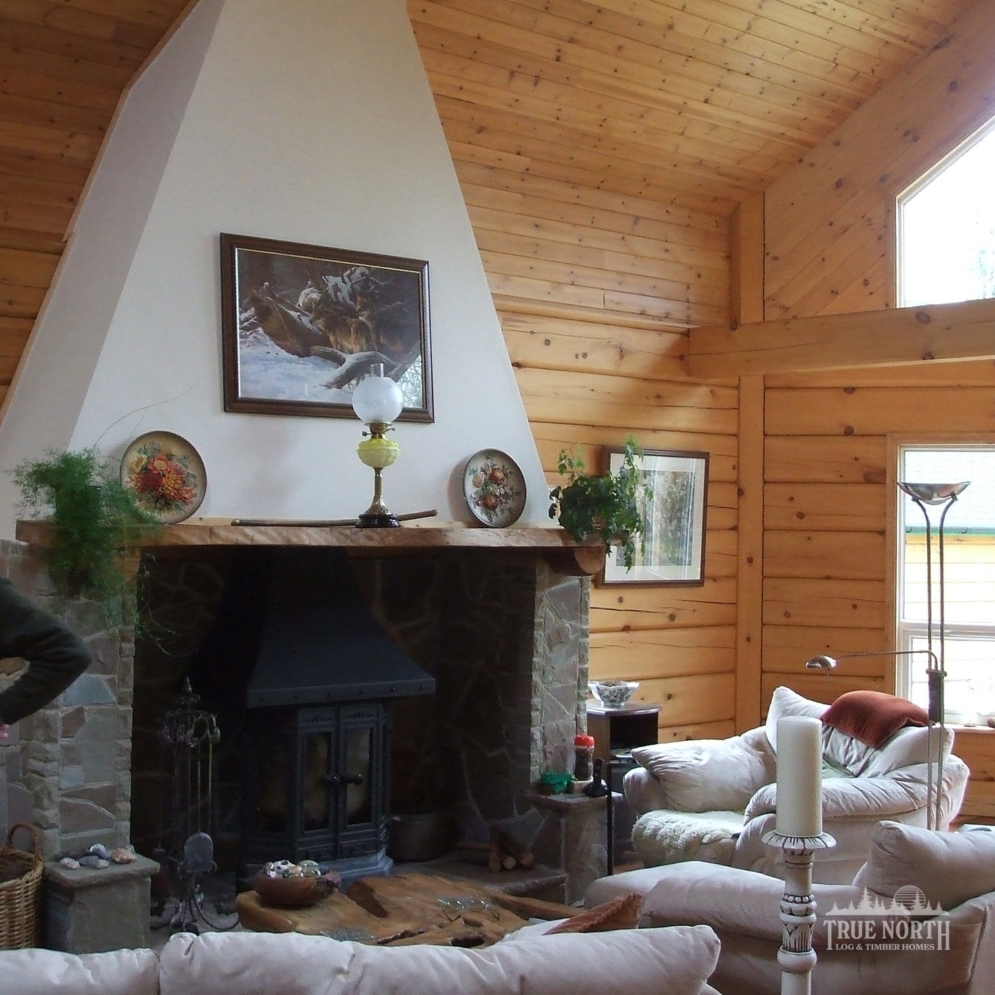 Norfolk luxury Canadian log home set within a woodland setting in Norfolk - Interior Lounge Fireplace