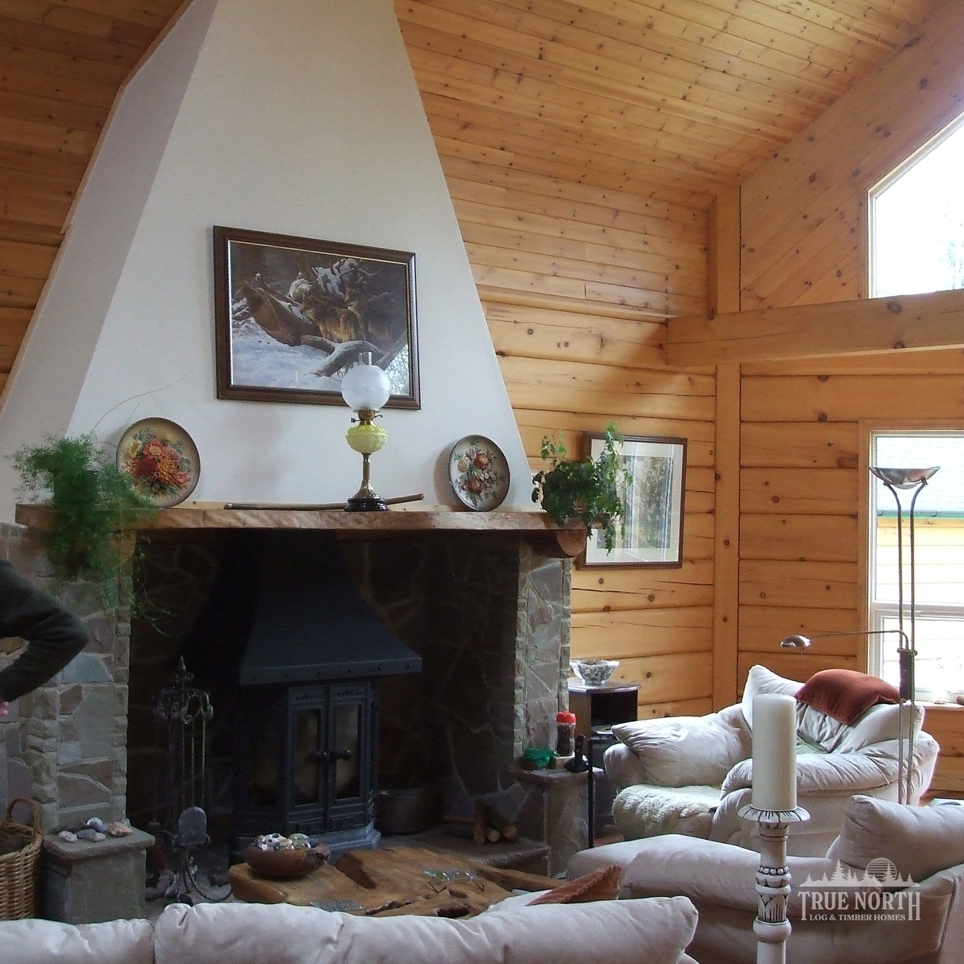 Norfolk luxury Canadian log home set within a woodland setting in Norfolk - Interior Lounge Fireplace